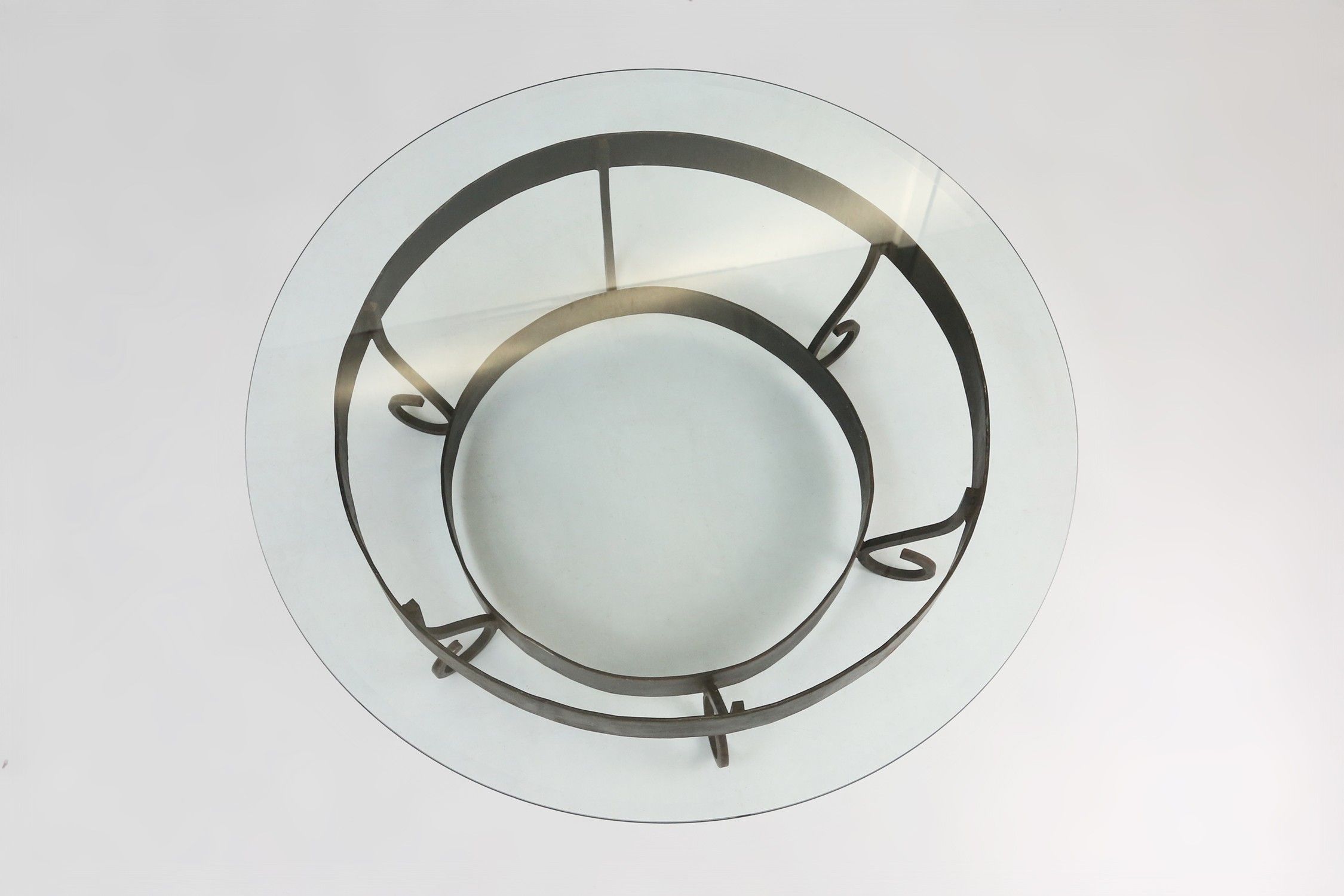 Rustic Round Coffee Table with Wrought Iron Base and Glass Top, France, 1930sthumbnail